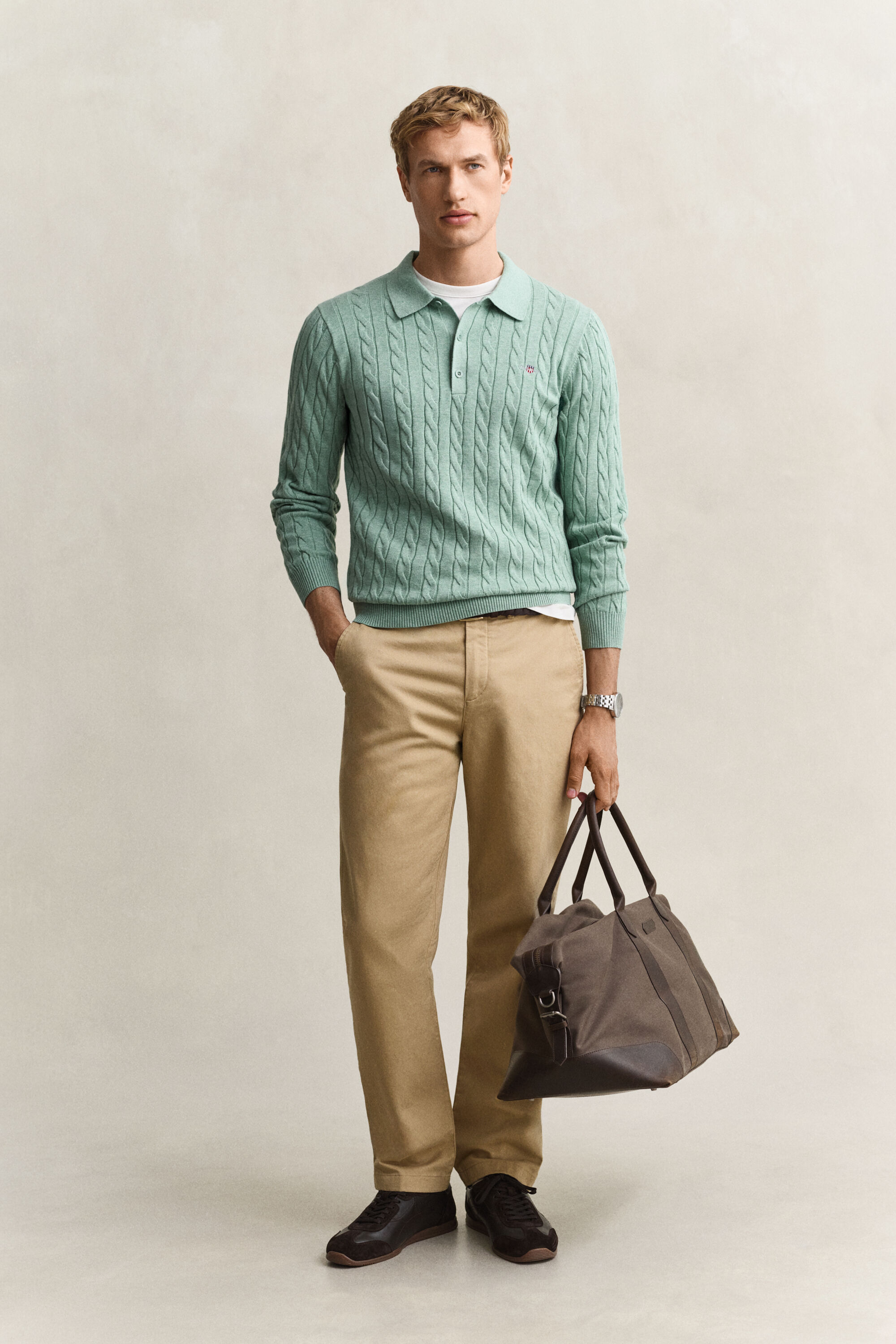 Cotton Cable Knit Polo Sweater