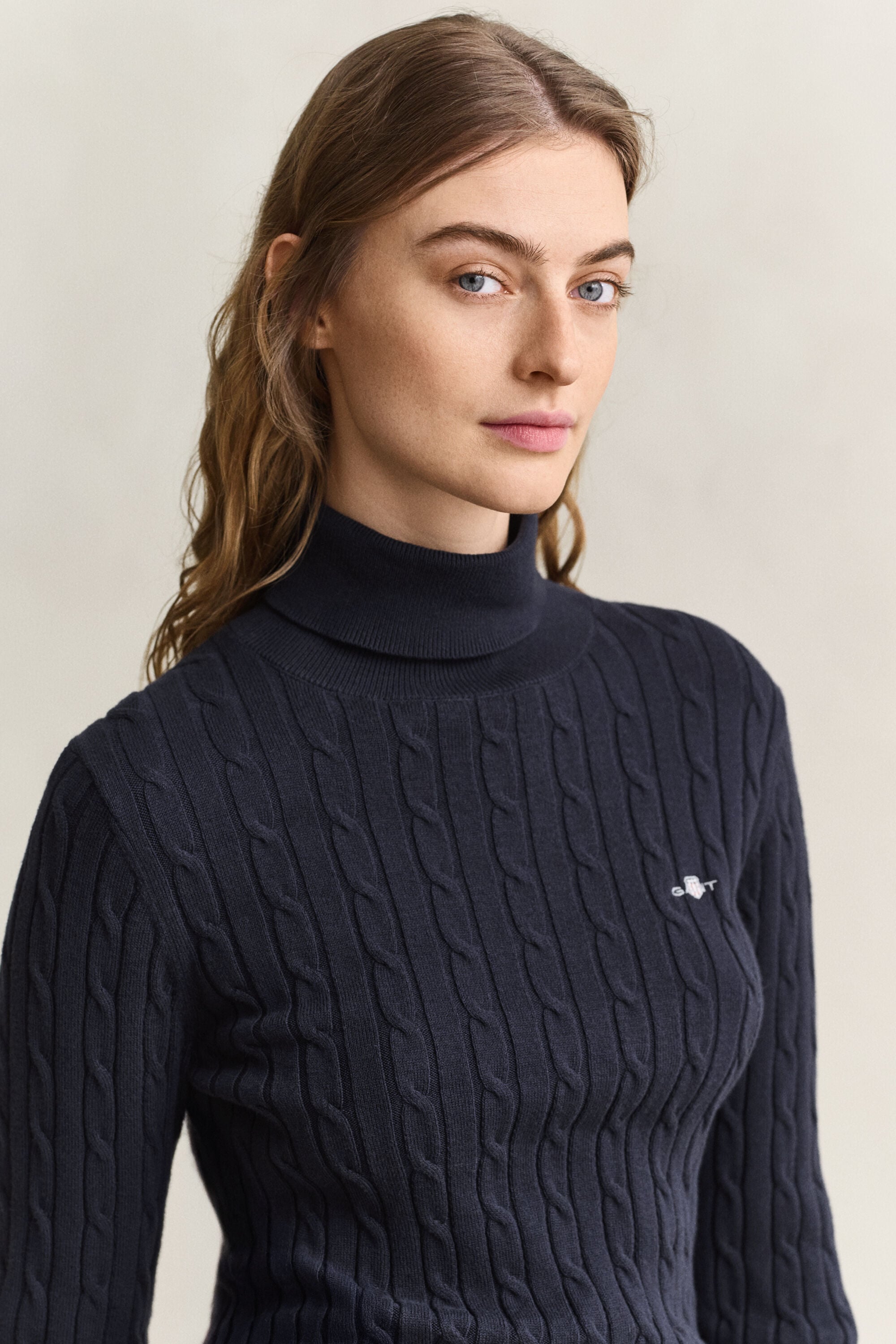 Zopfstrick Rollkragenpullover aus Stretch-Baumwolle