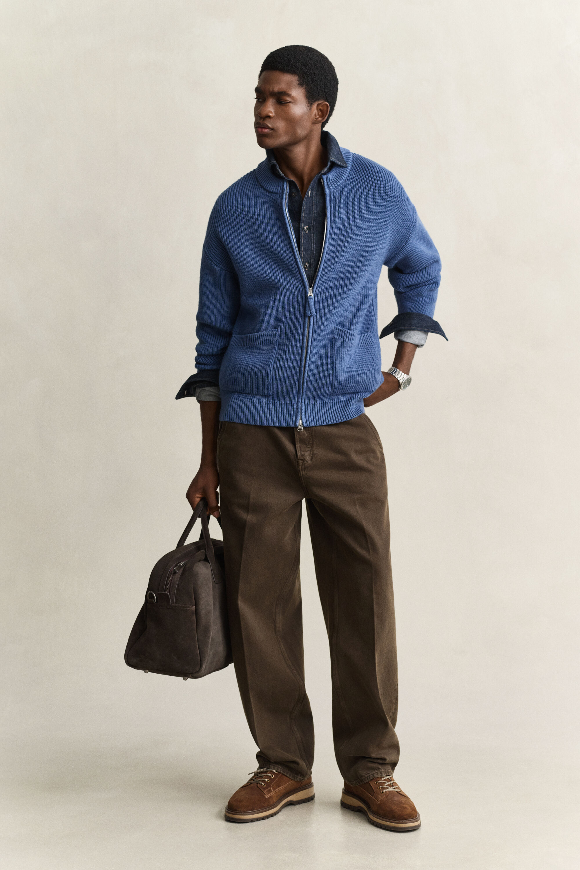 Ribbed Wool Zip Cardigan