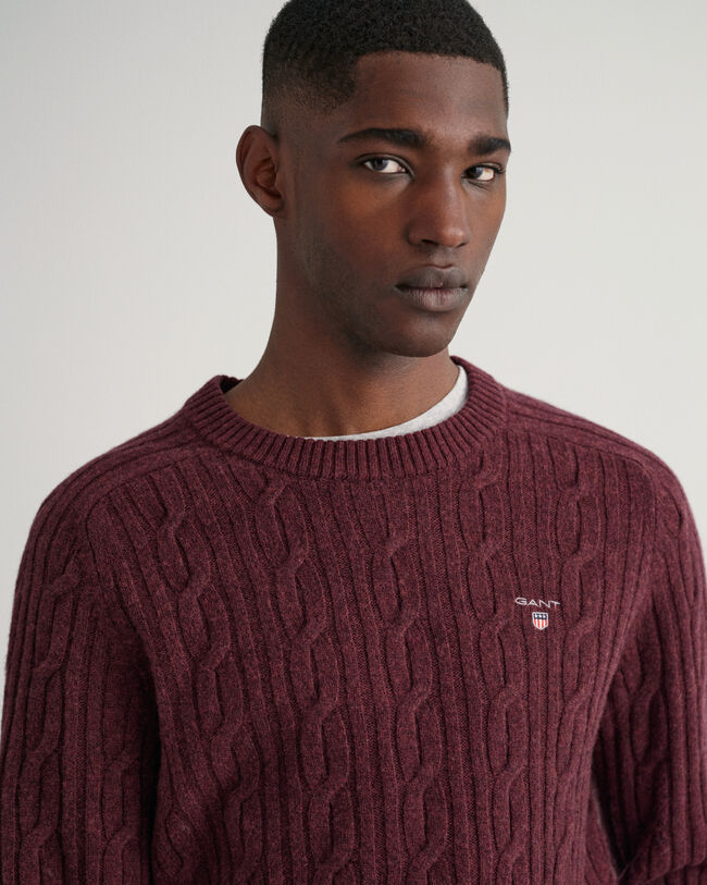 Lambswool Rundhalspullover mit Zopfmuster