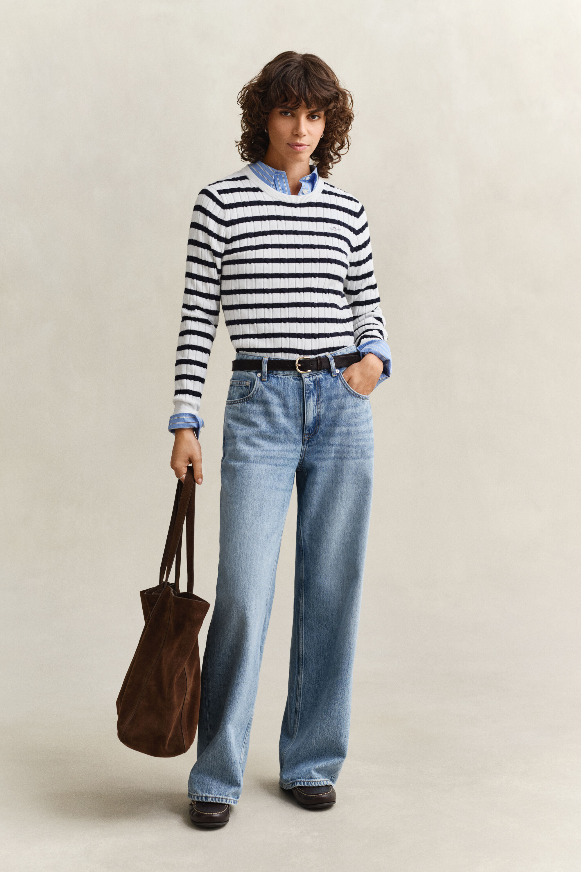 Gestreifter Zopfstrick Rundhalspullover