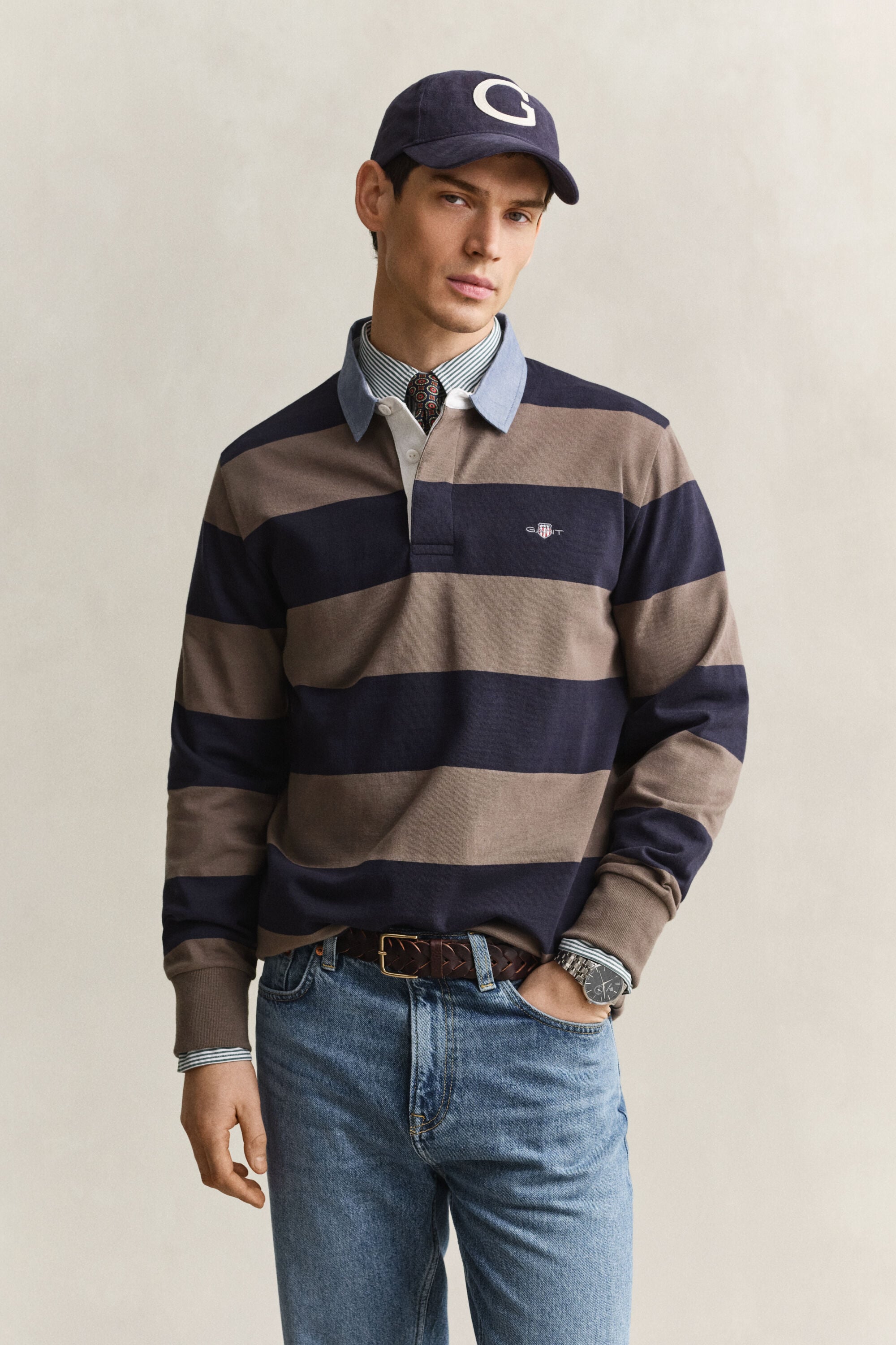 Heavy Rugger a righe con colletto in chambray