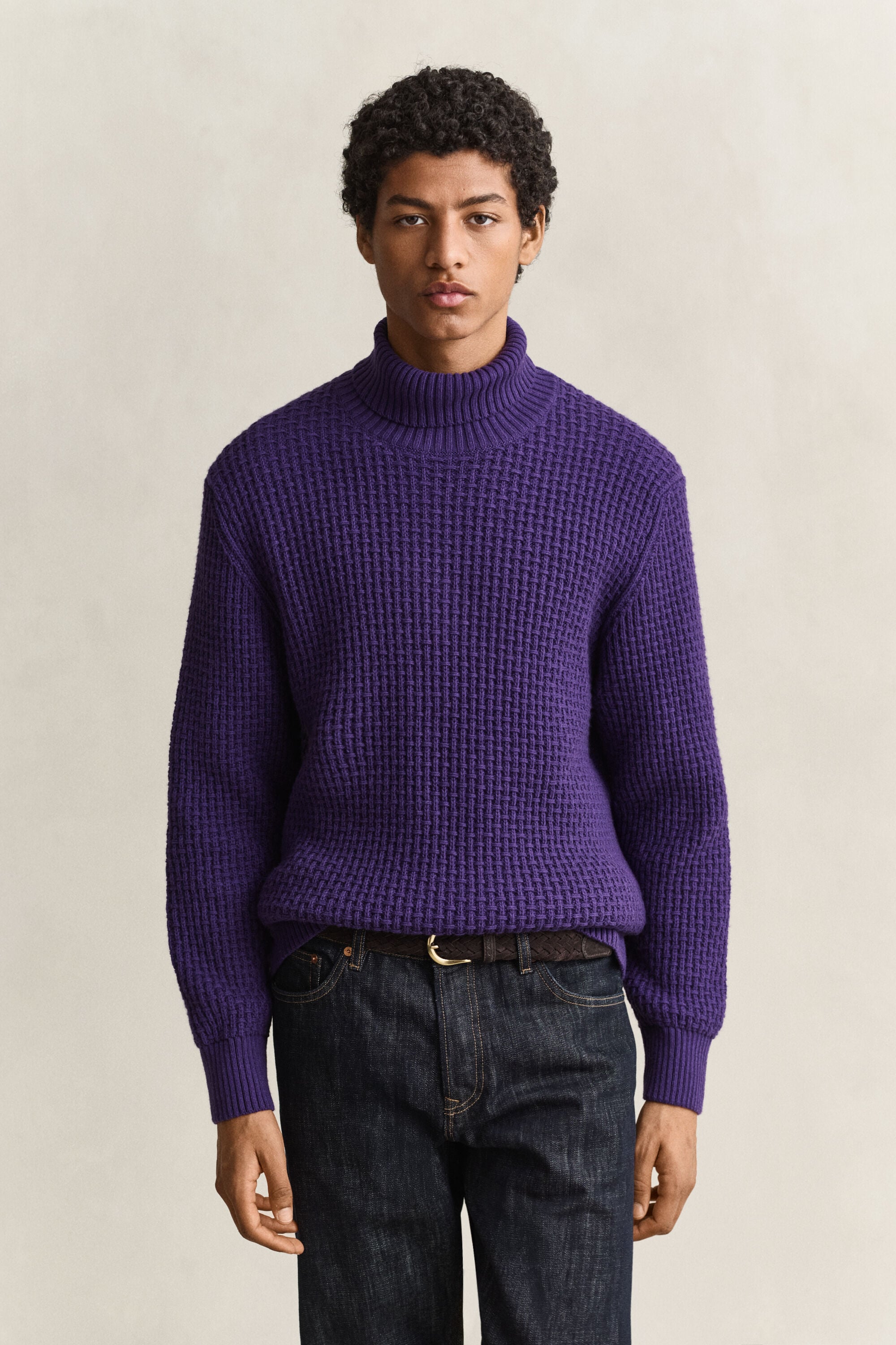 Strukturierter Rollkragenpullover aus Baumwolle und Wolle