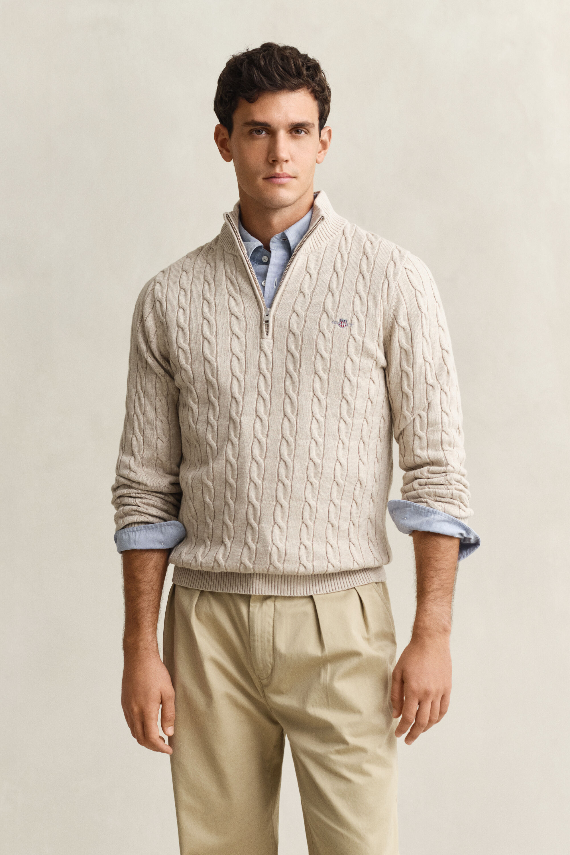 Maglia con zip corta in cotone a trecce