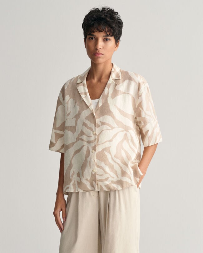 Relaxed Fit Palm Print Leinen Kurzarmbluse