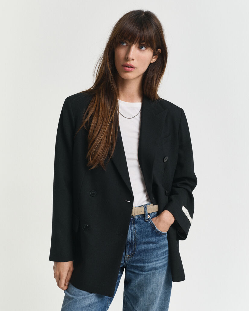 Zweireihiger Relaxed Fit Hopsack Blazer aus Wollgemisch