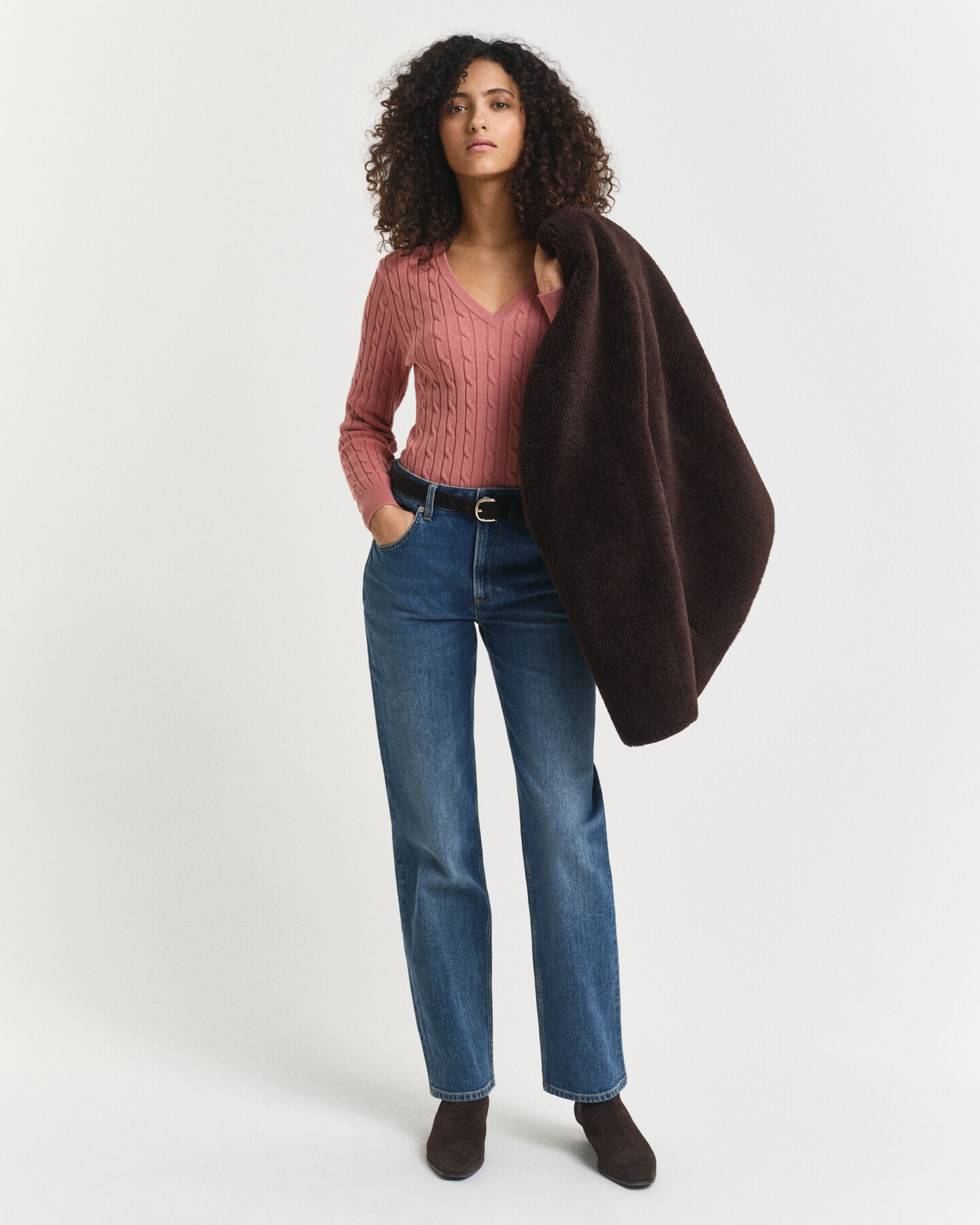 Zopfstrick V-Neck Pullover aus Stretch-Baumwolle