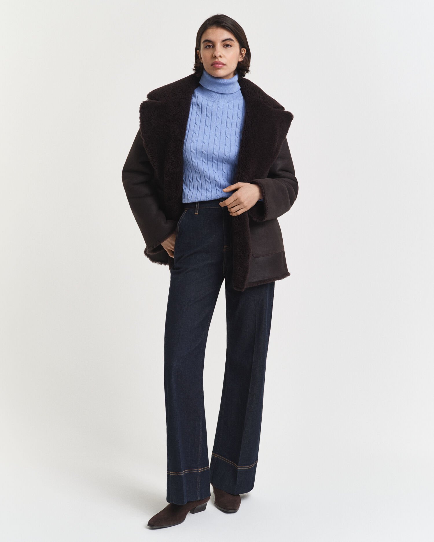 Pull col roulé en maille de coton stretch à torsades