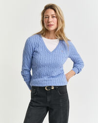Zopfstrick V-Neck Pullover aus Stretch-Baumwolle