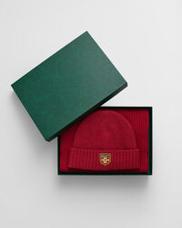 Badge Beanie und Schal aus Wolle im Geschenkset