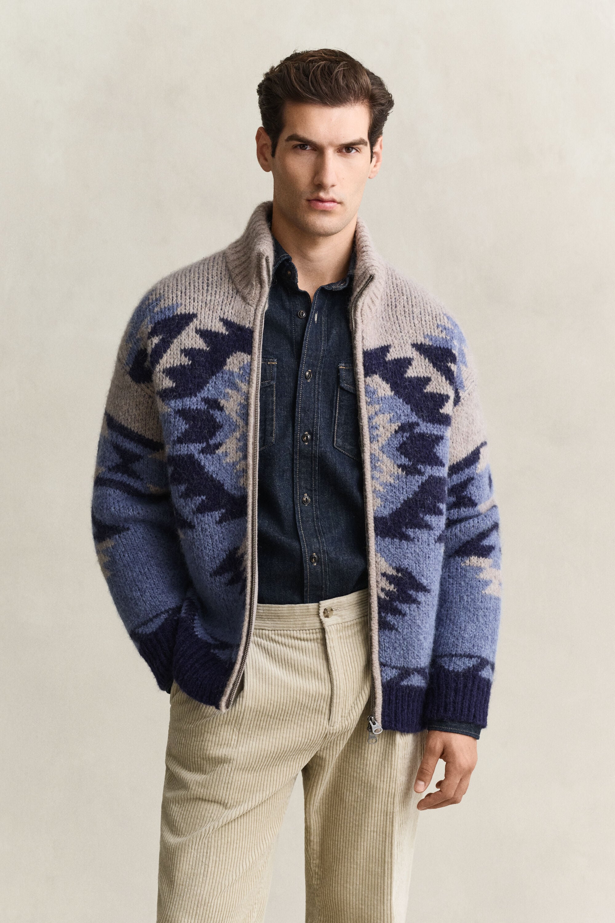 Cardigan con zip in jacquard di misto lana d’alpaca
