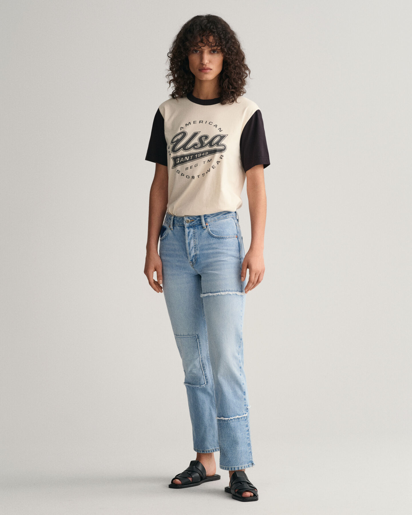 Patchwork-Jeans mit hohem Bund und geradem Bein