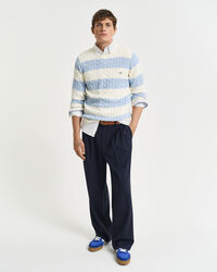 Gestreifter Zopfstrick-Rundhalspullover aus Baumwolle
