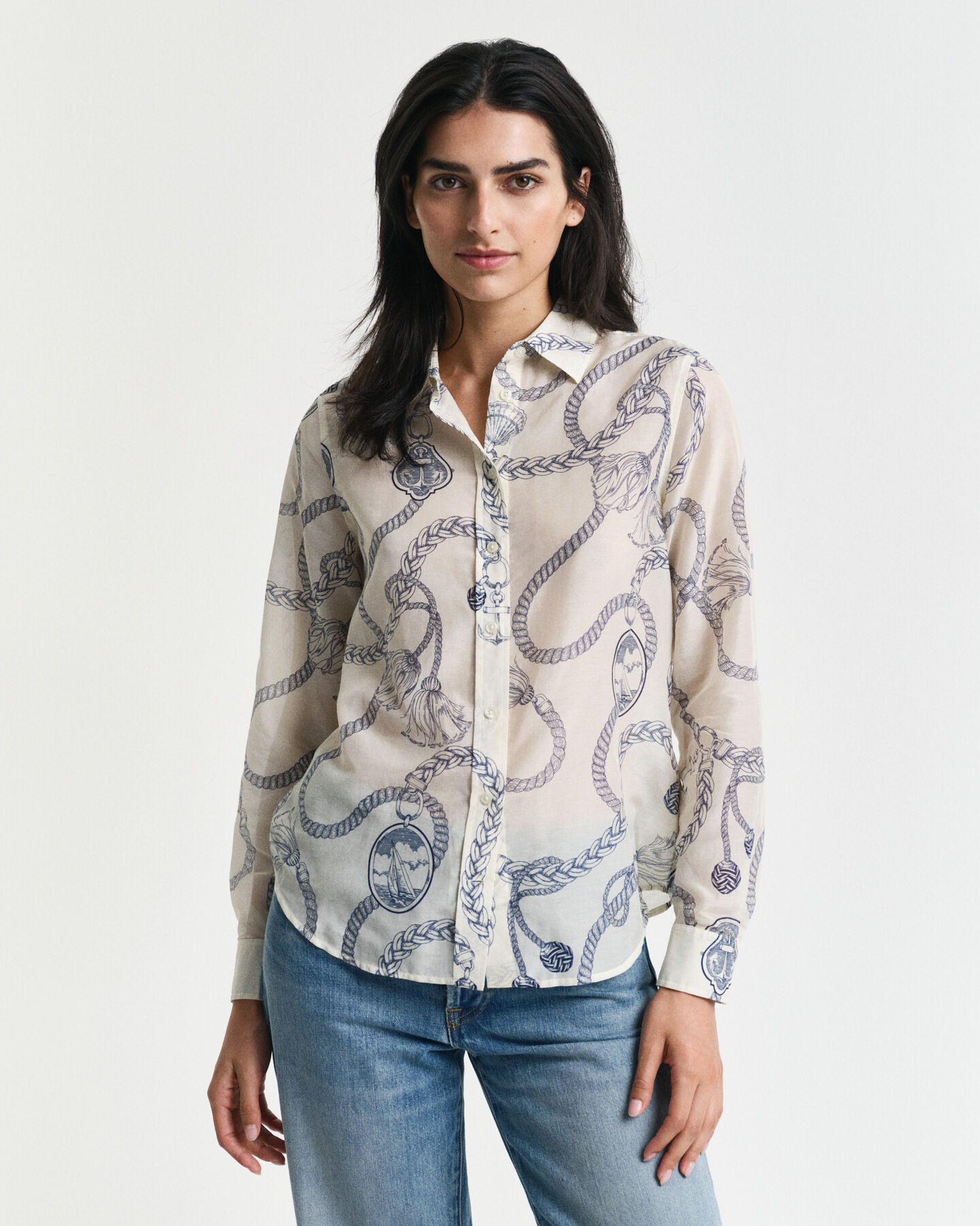 Regular Fit Sailing Print Bluse aus Baumwolle und Seide