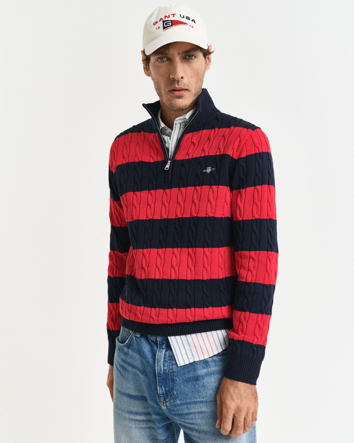 Gestreifter Zopfstrick-Troyer aus Baumwolle