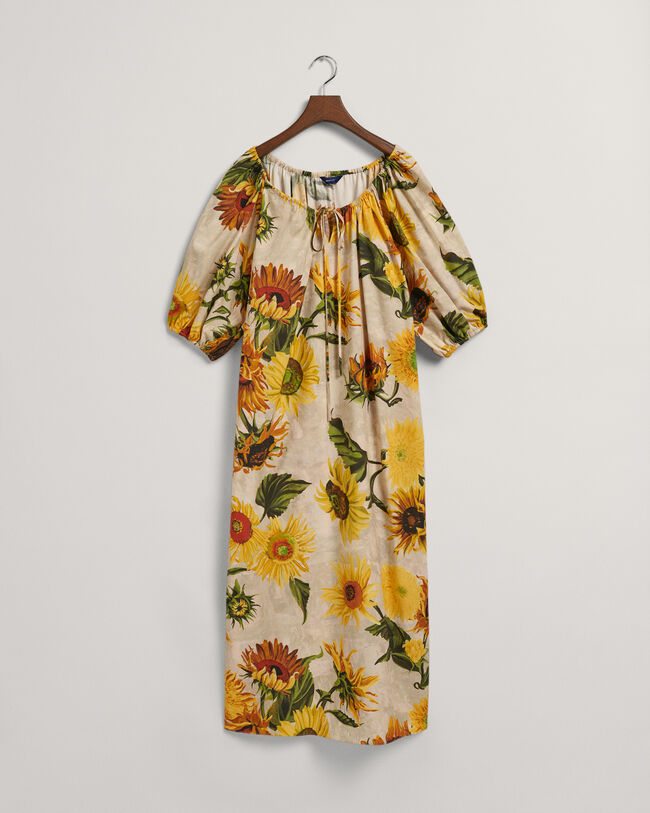 Gerafftes Kleid mit Sonnenblumen-Print