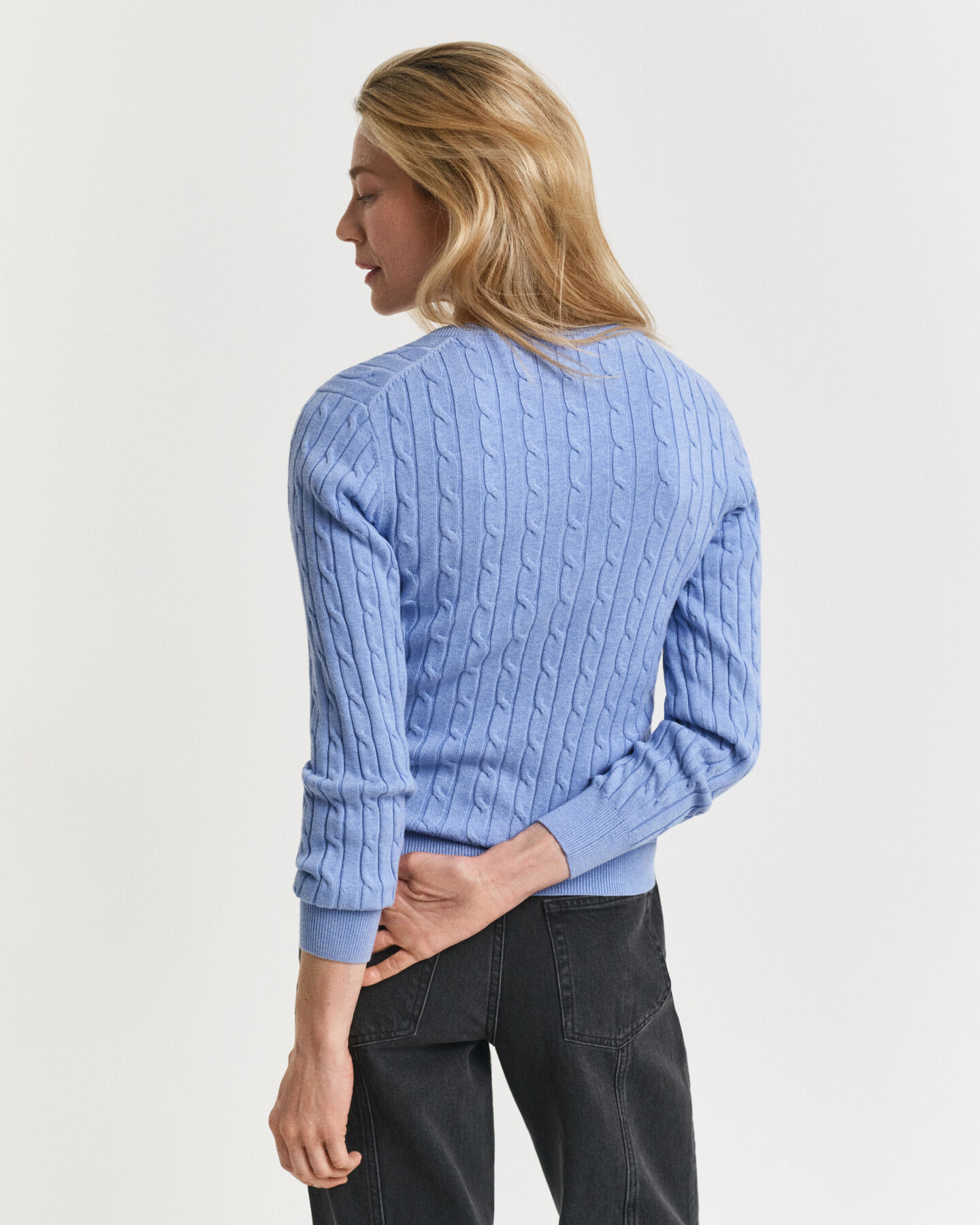 Zopfstrick V-Neck Pullover aus Stretch-Baumwolle