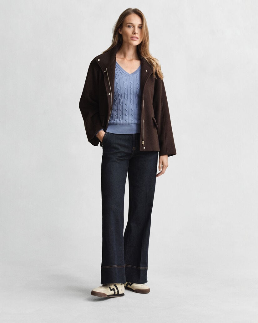 Zopfstrick V-Neck Pullover aus Stretch-Baumwolle