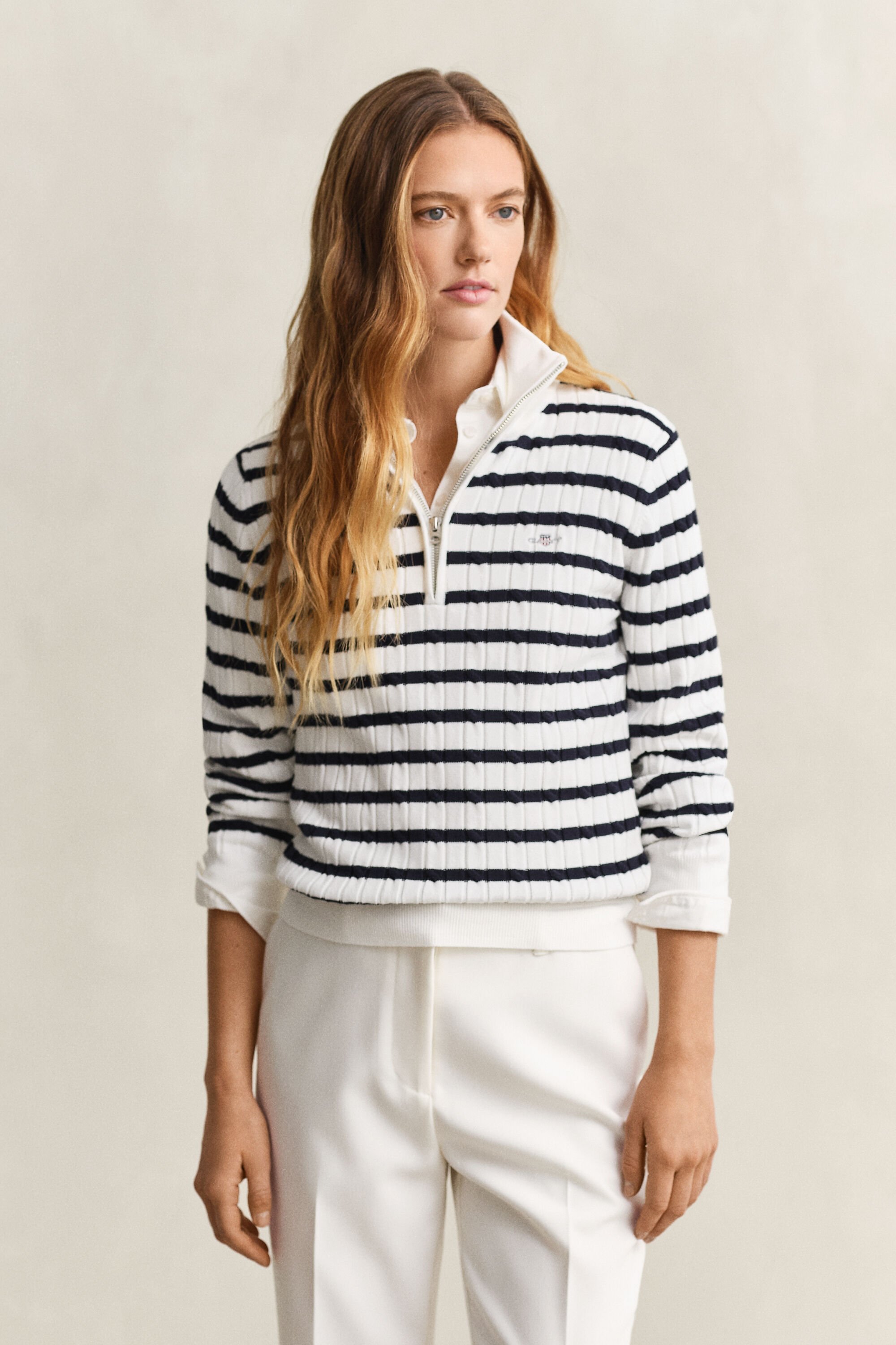 Striped Cable Knit Half-Zip Sweater
