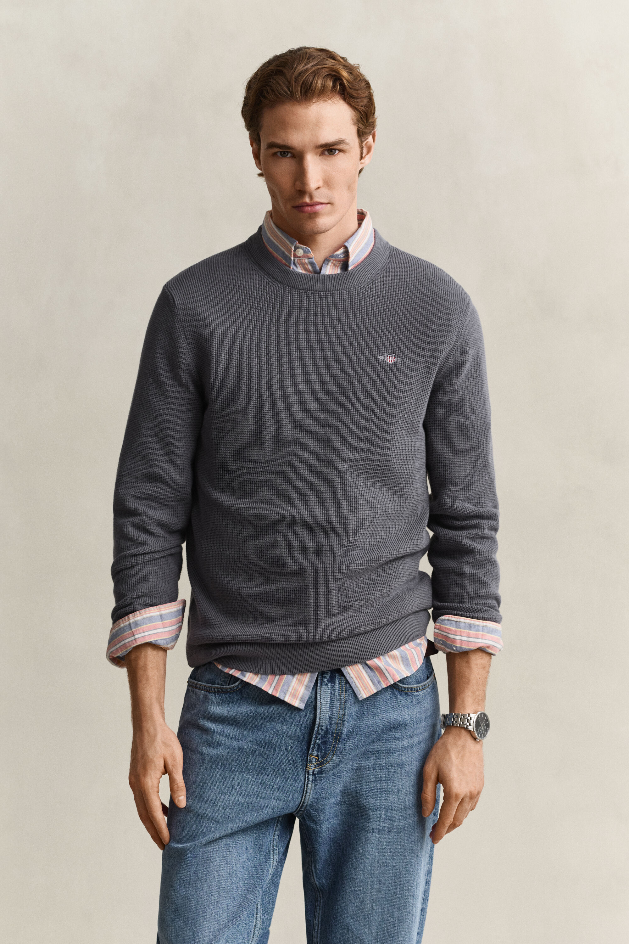 Pull col rond en coton texturé