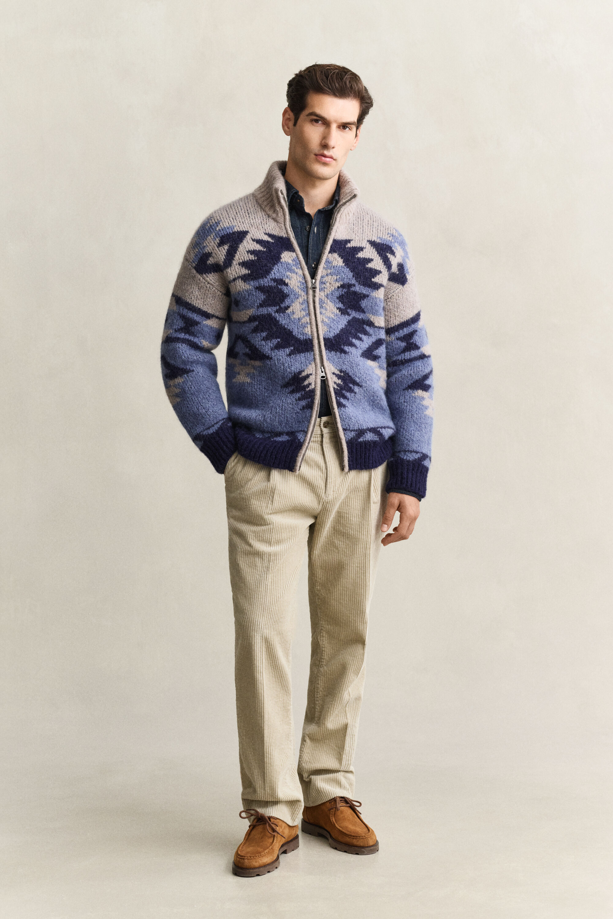Cardigan con zip in jacquard di misto lana d’alpaca