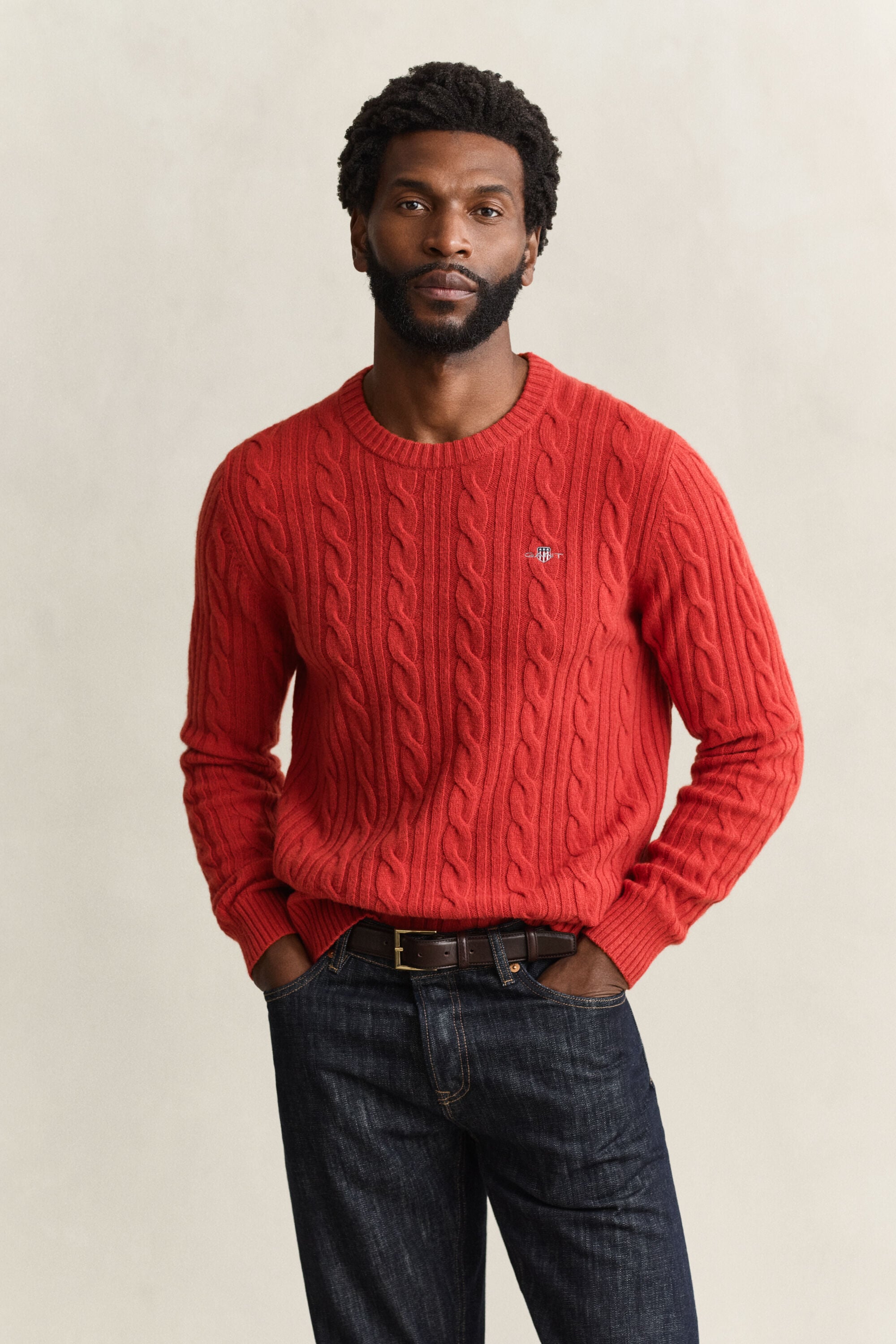 Pull col rond en maille torsadée en laine d'agneau