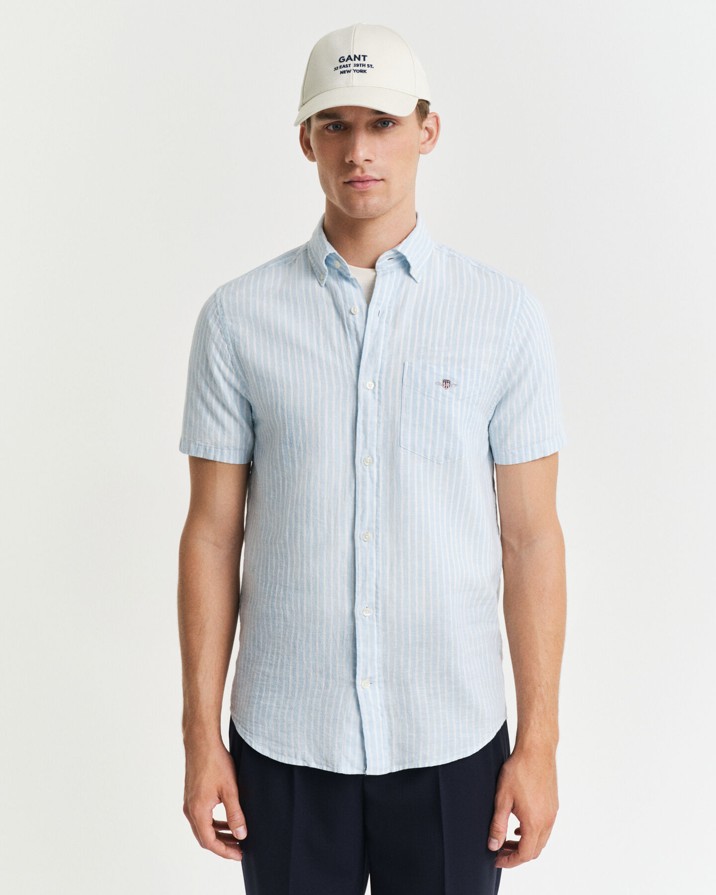 Regular Fit Baumwoll Leinen Kurzarmhemd mit Streifen