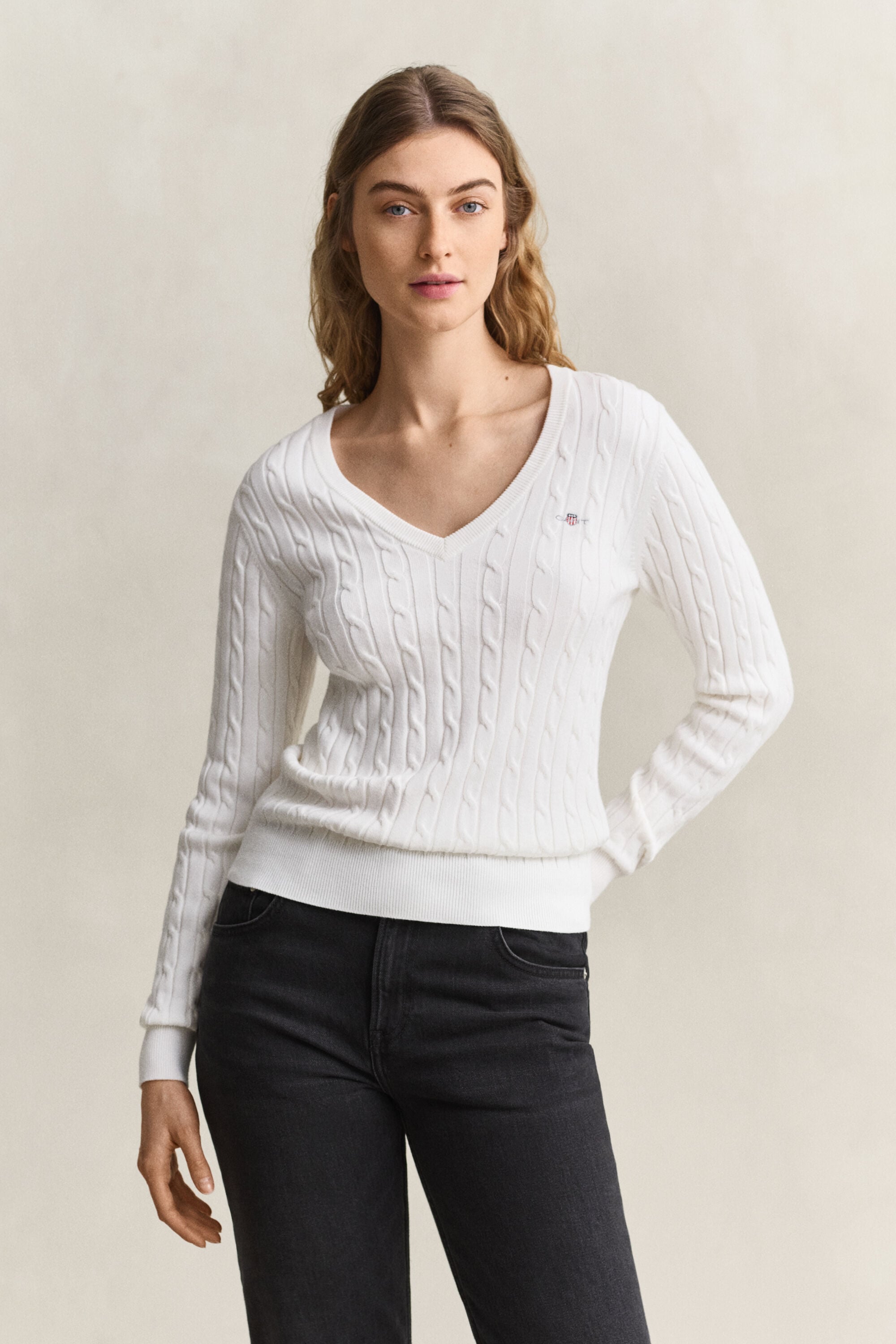 Zopfstrick V-Neck Pullover aus Stretch-Baumwolle