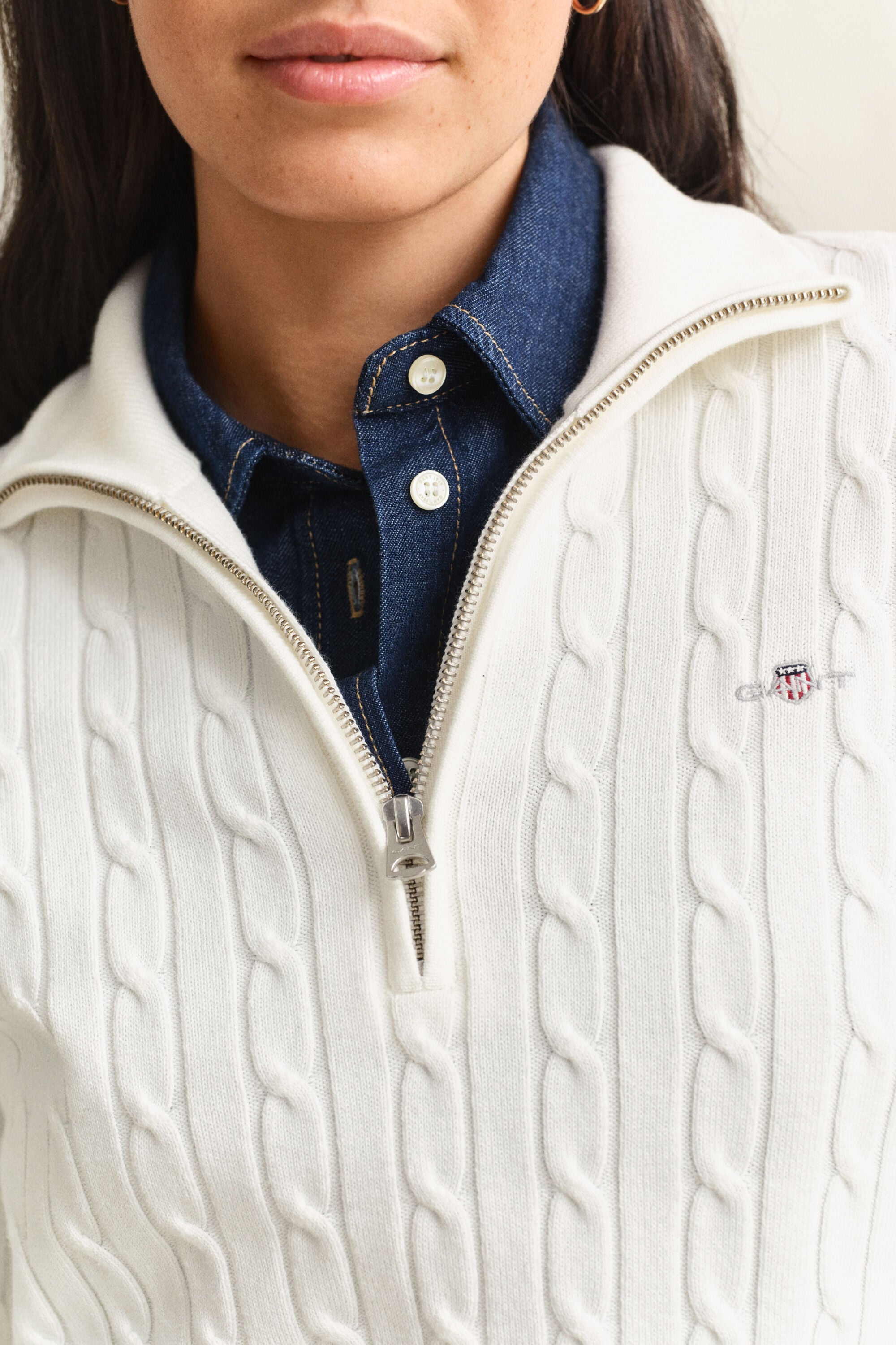 Stretch Cotton Cable Knit Half-Zip Sweater