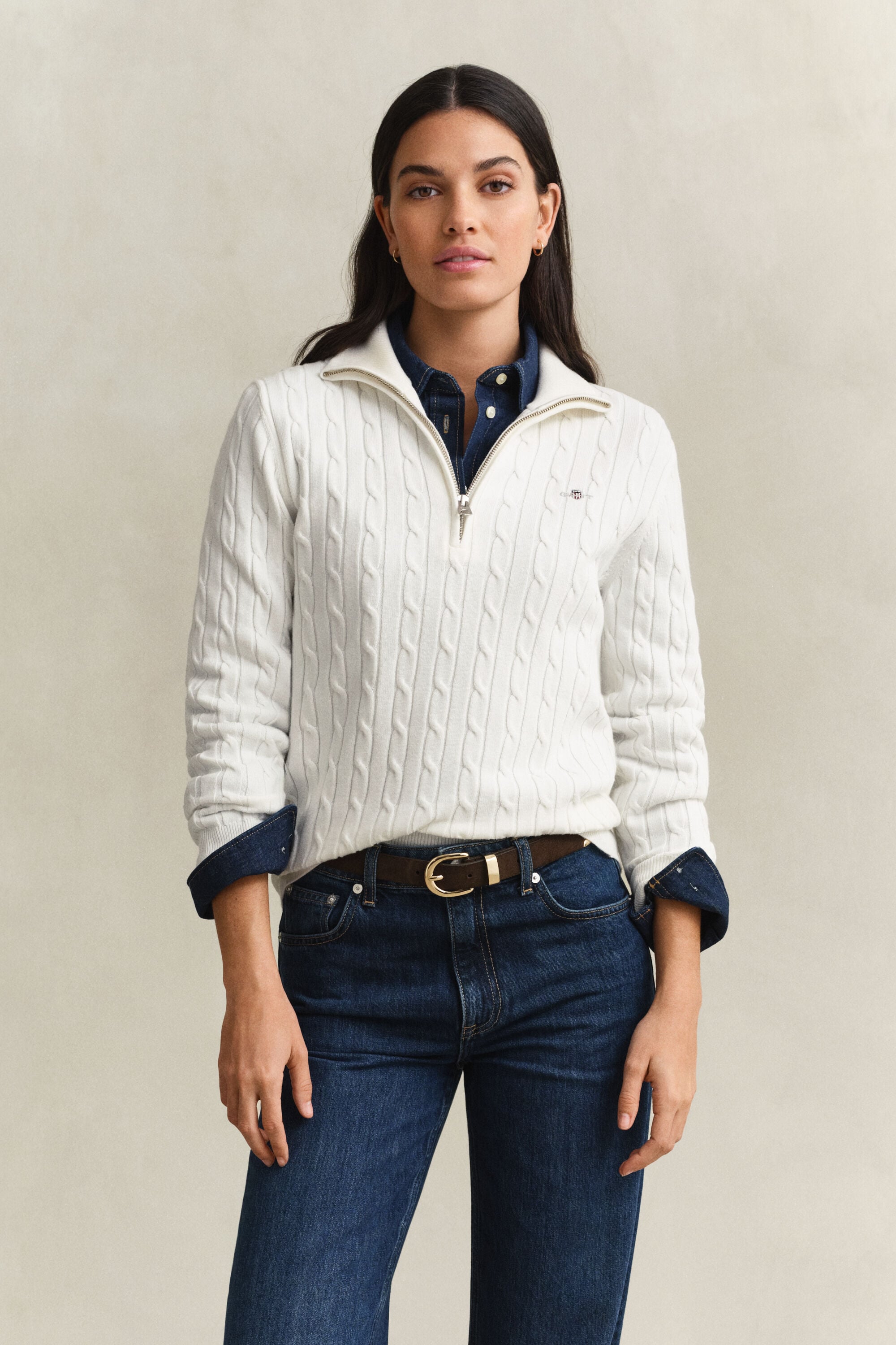 Stretch Cotton Cable Knit Half-Zip Sweater