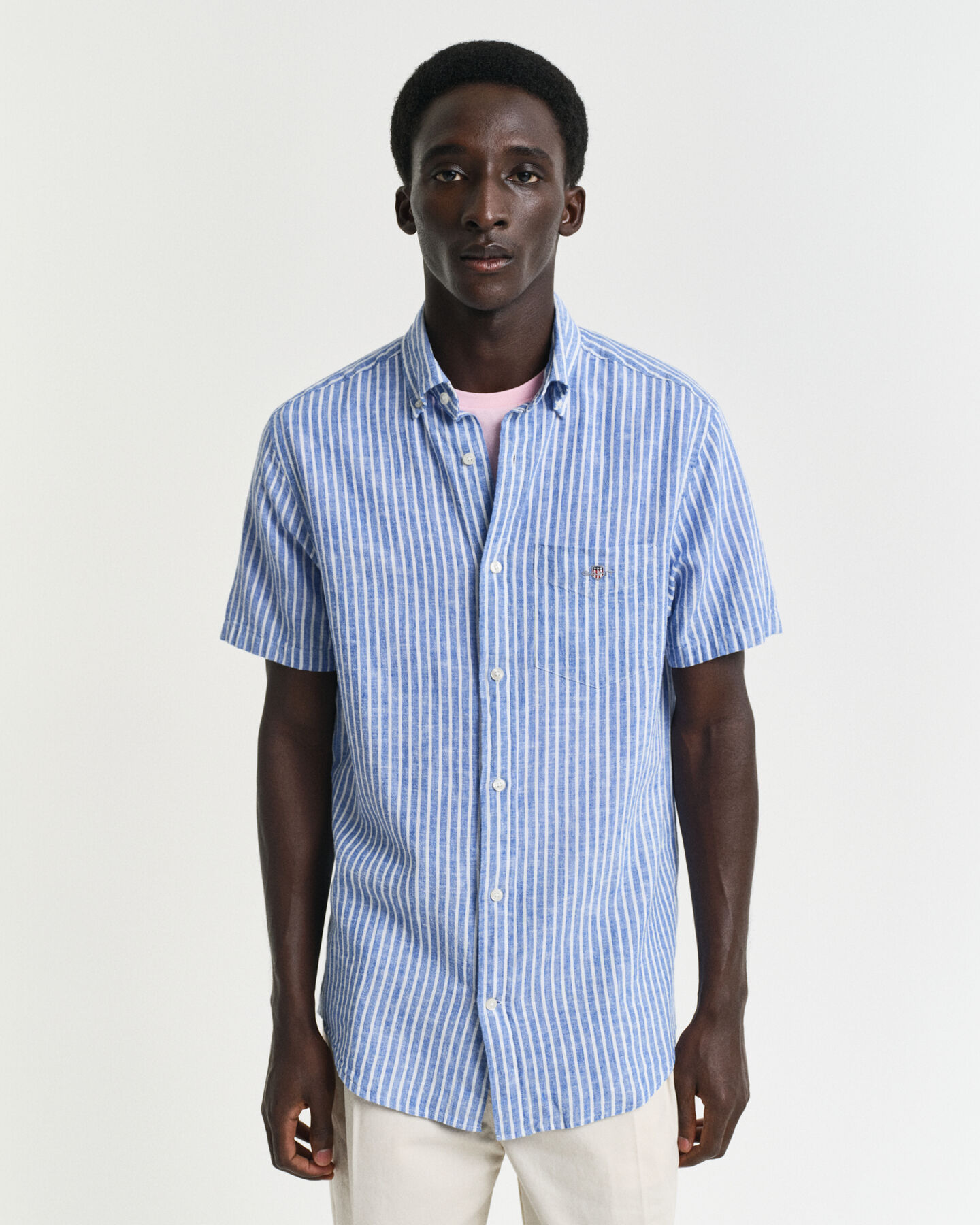 Regular Fit Baumwoll Leinen Kurzarmhemd mit Streifen