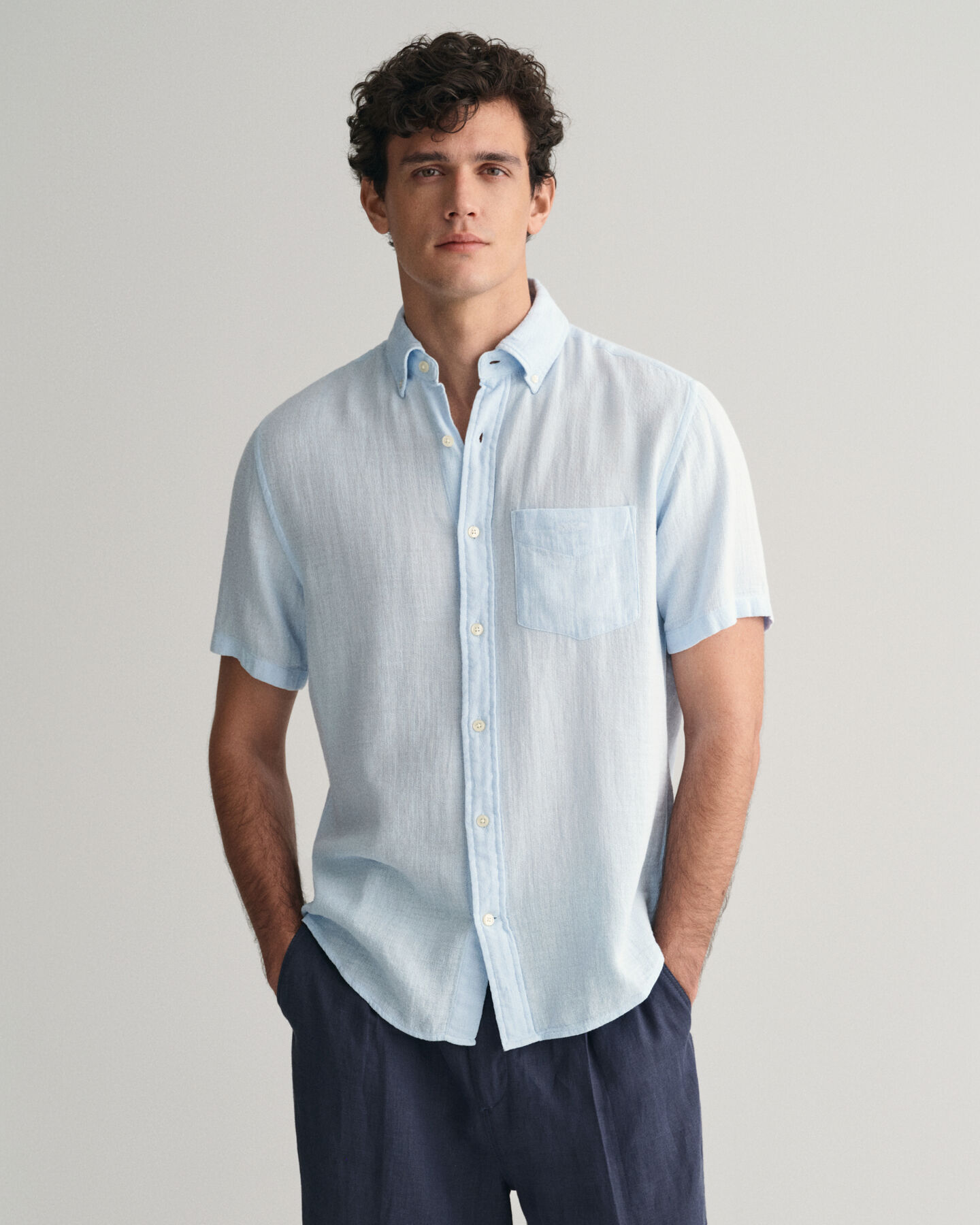 Regular Fit Baumwoll Leinen Kurzarmhemd mit Struktur