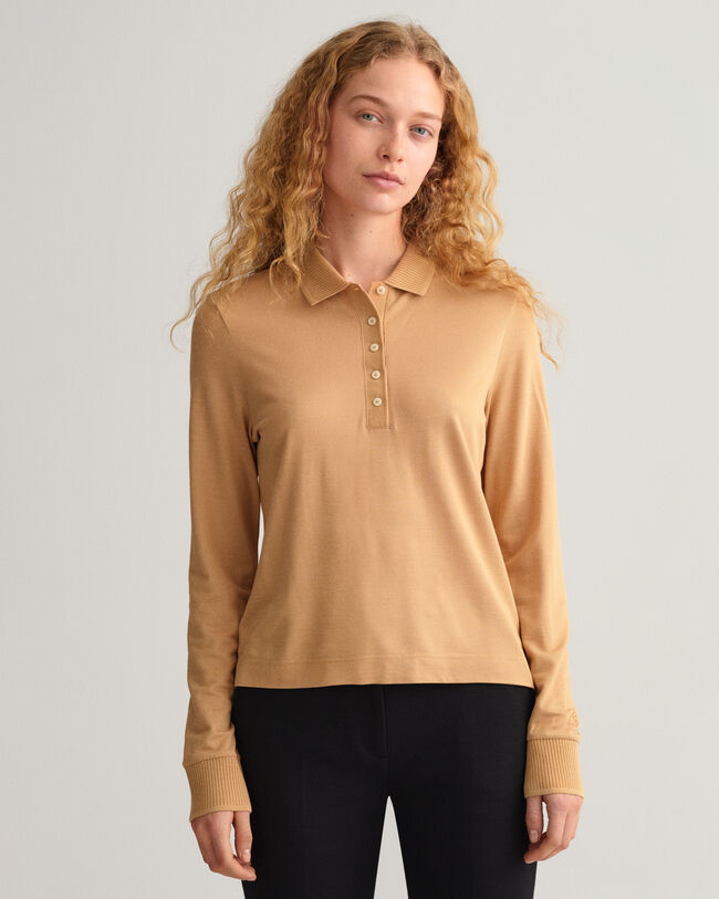 Detail Collar Piqu&eacute; Langarm-Poloshirt