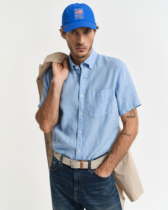 St&uuml;ckgef&auml;rbtes Regular Fit Leinen Kurzarmhemd