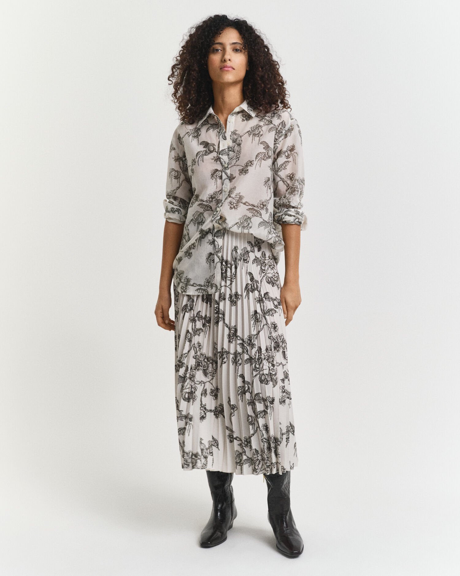 Jupe midi plissée à imprimé arbres