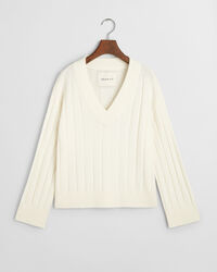 Breit gerippter V-Neck Wollpullover