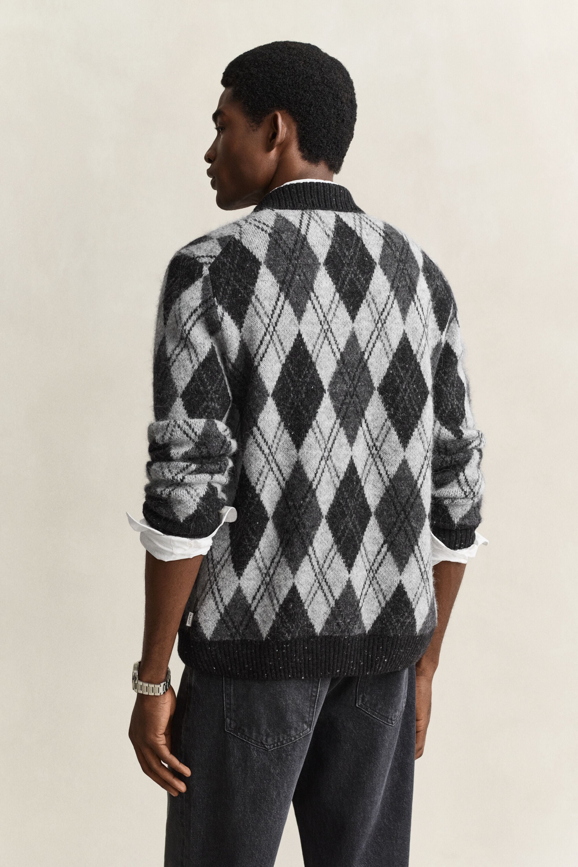 Alpaca Wool Blend Argyle Polo Cardigan
