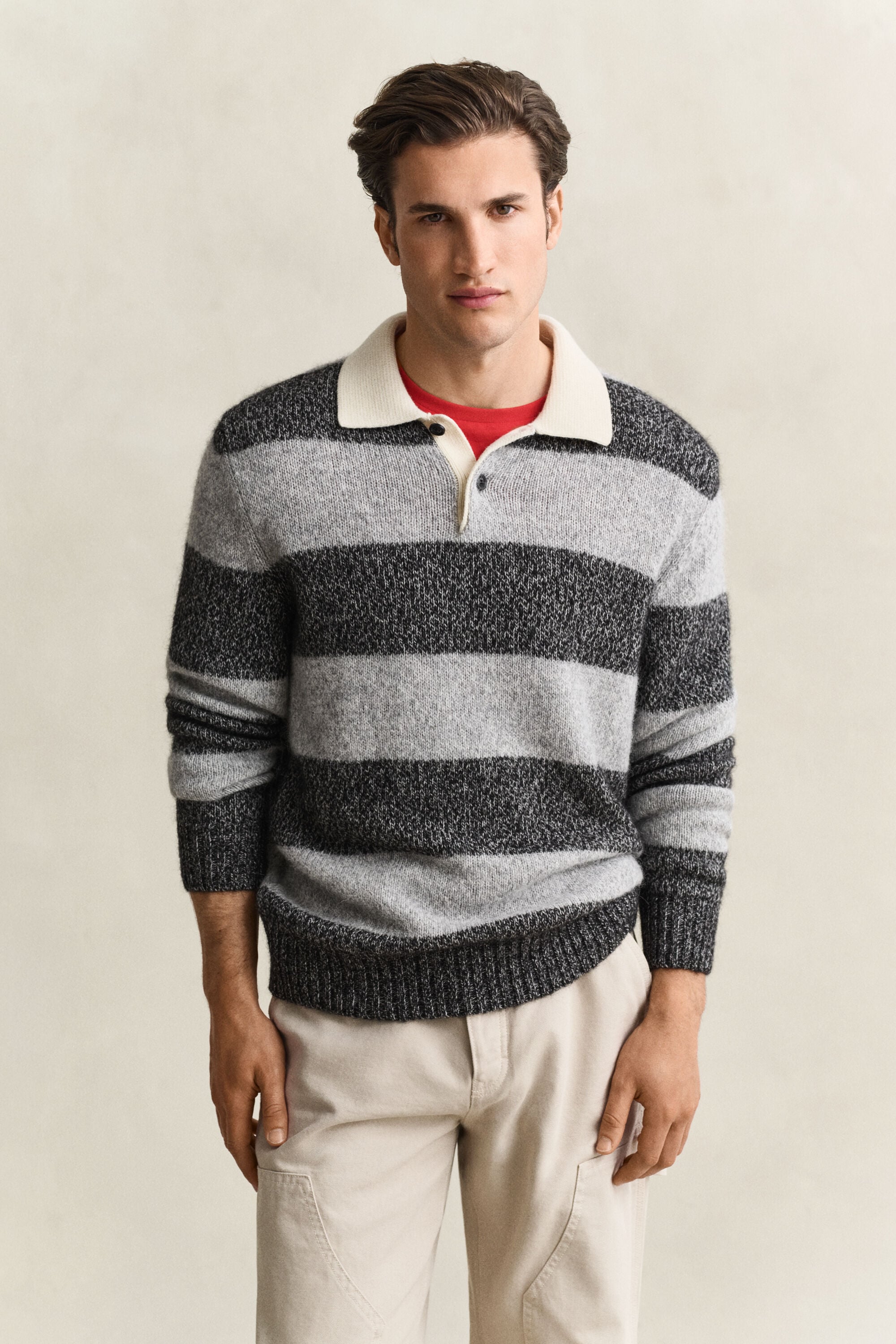 Pull façon polo en laine d’alpaga mélangée à rayures
