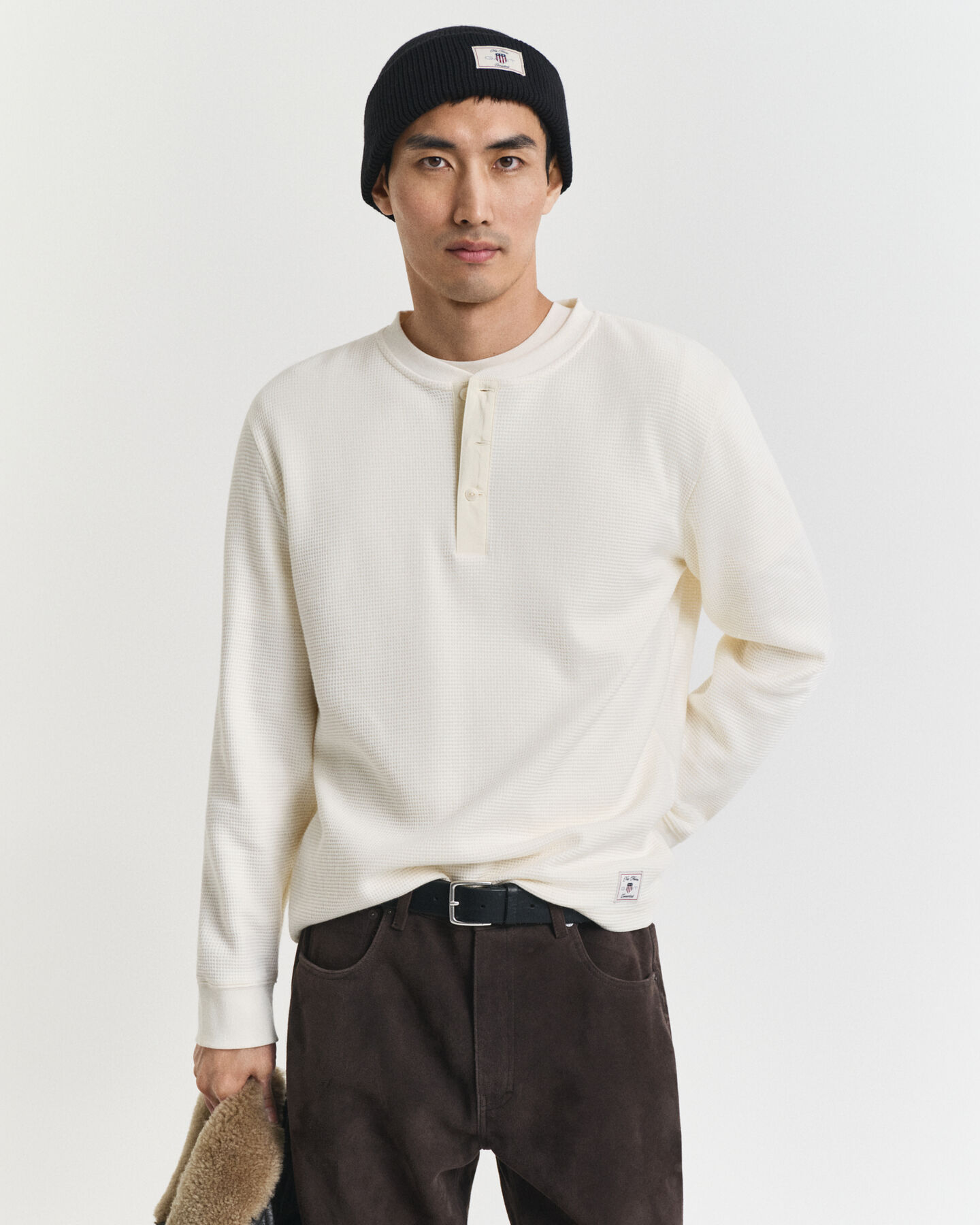 Waffle Textured Henley Langarm-T-Shirt