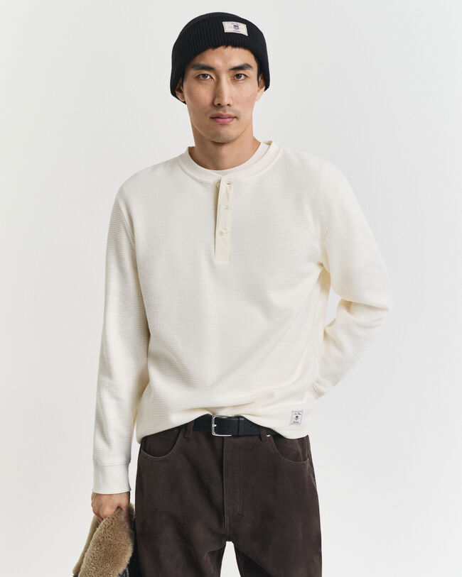 Waffle Textured Henley Langarm-T-Shirt