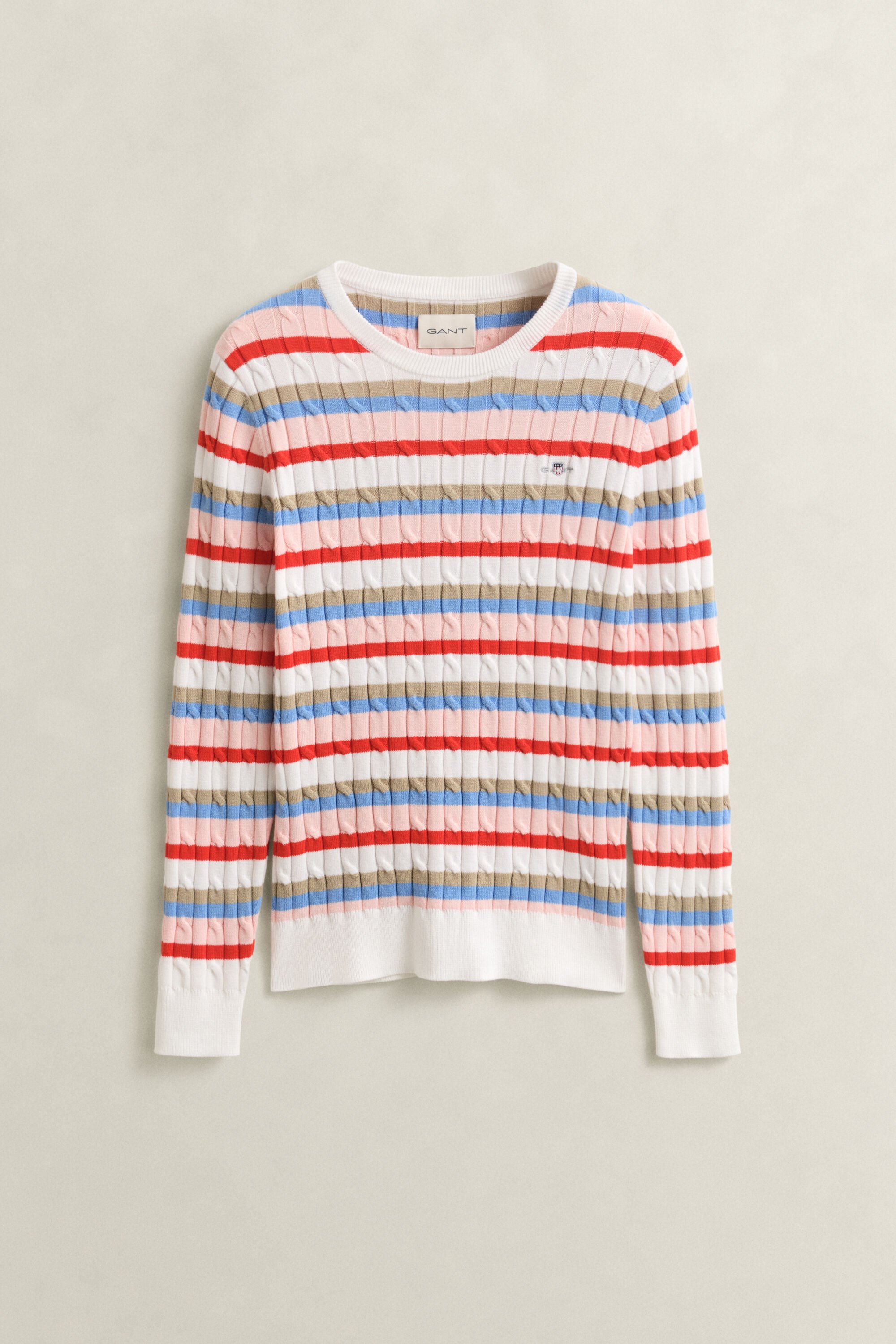 Striped Cable Knit Crew Neck Sweater