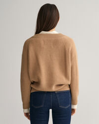 Gerippter V-Neck Wollpullover