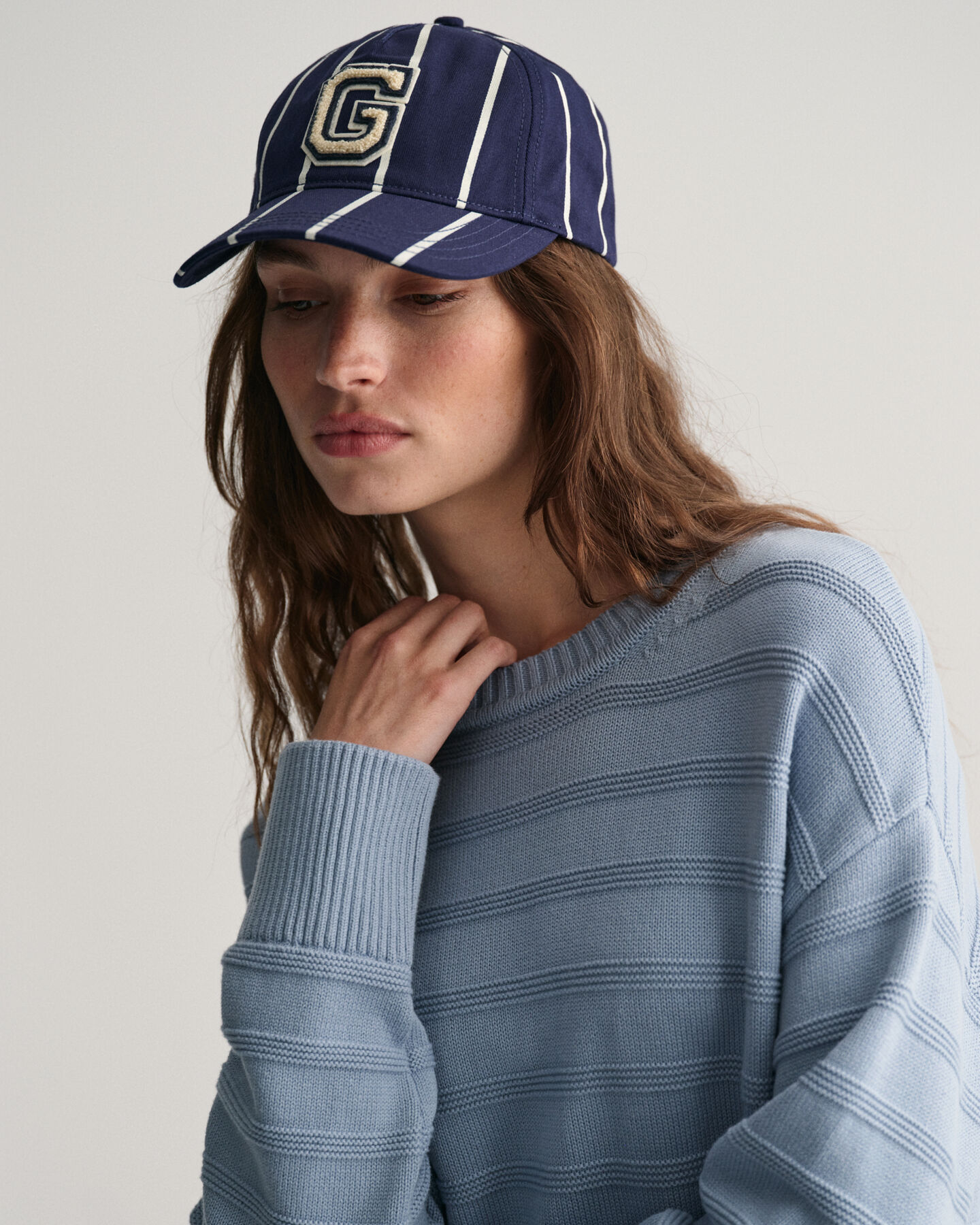 Tonal Baumwoll Rundhalspullover mit Streifen