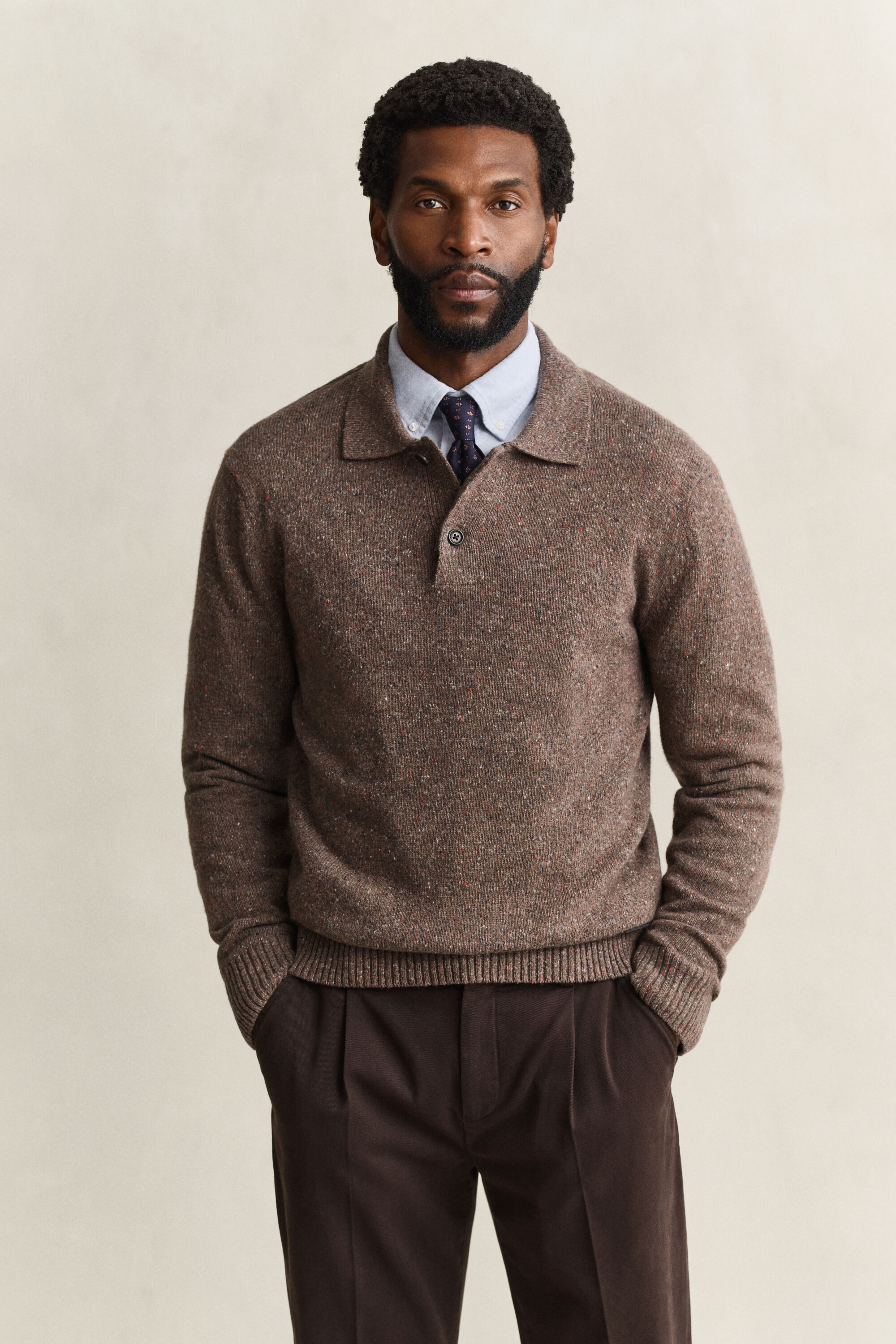 Pull façon polo en laine mouchetée mélangée