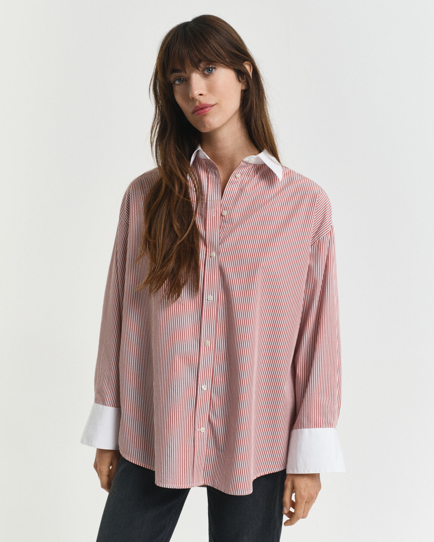 Oversized Bluse mit Kontrastkragen und Streifen