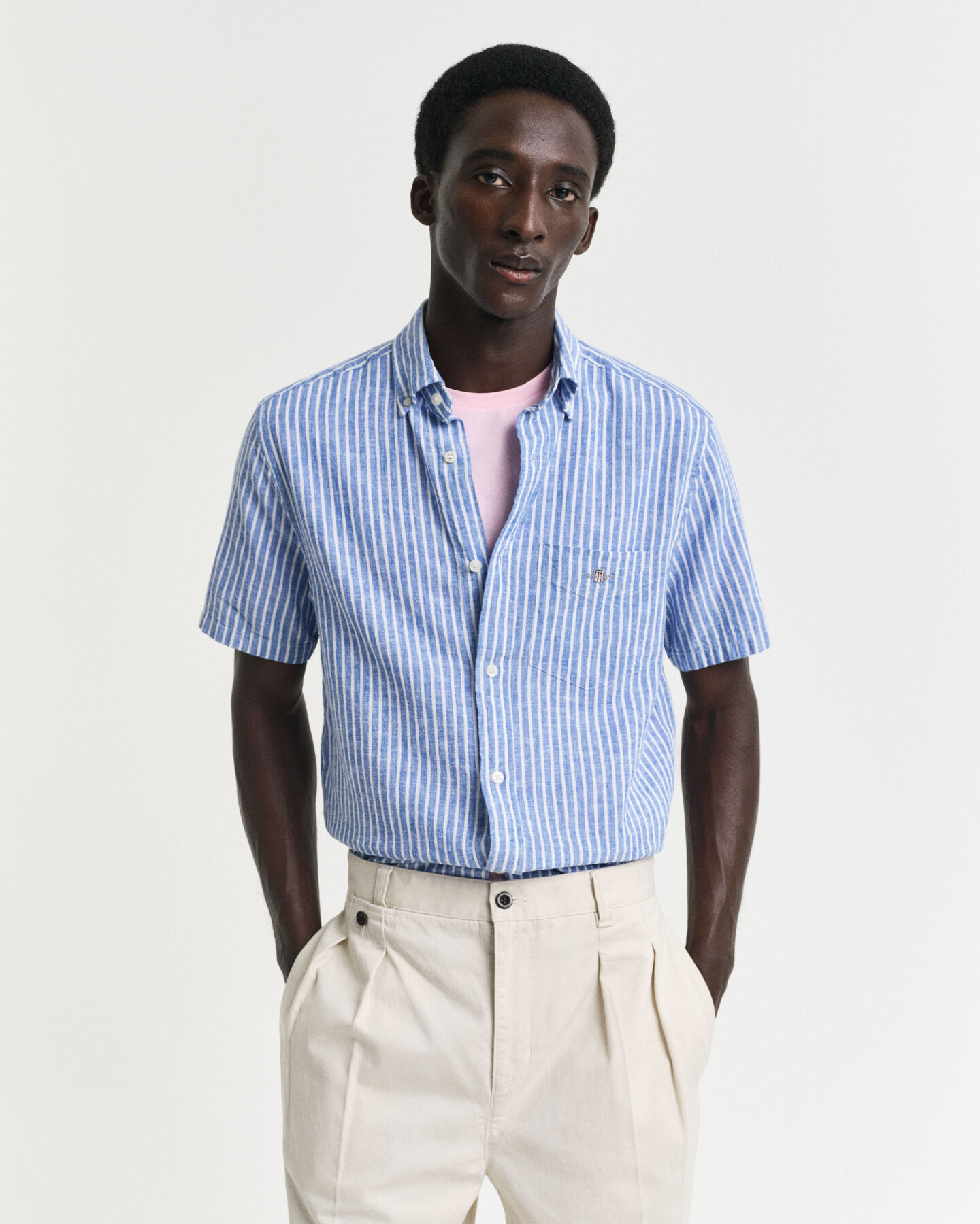 Regular Fit Baumwoll Leinen Kurzarmhemd mit Streifen