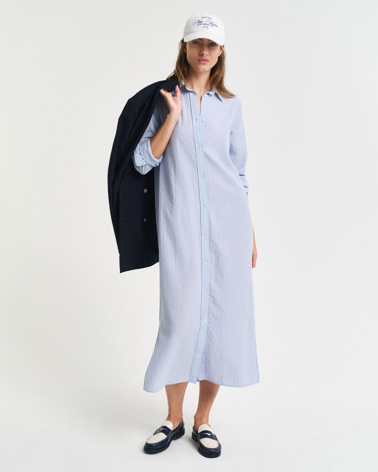 Tonal Seersucker Kleid mit Streifen