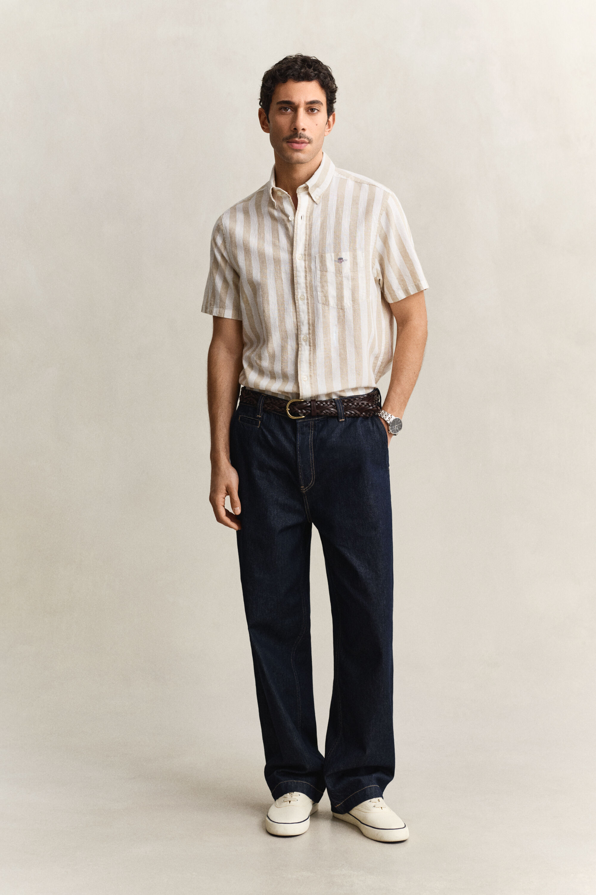 Camicia a maniche corte a righe in misto lino