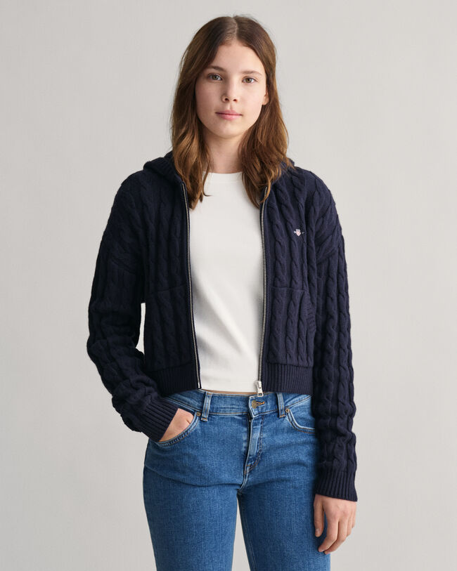 Teen Girls Verk&uuml;rzte Shield Sweatjacke mit Zopfstrickmuster