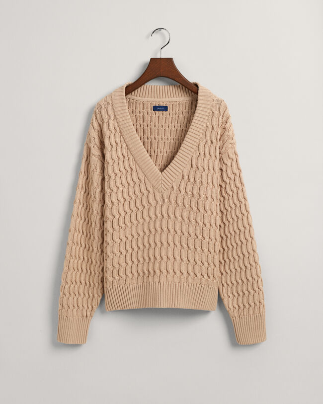 Textured V-Neck Pullover aus Baumwolle
